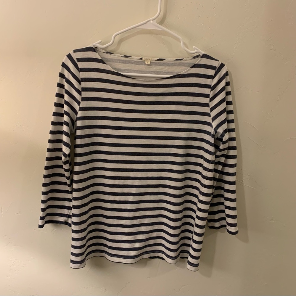 J. Crew Navy and White Striped 3/4 Sleeve Boat Neck Tee Capsule Wardrobe Staple